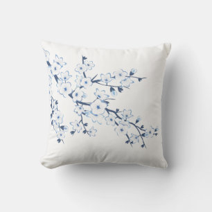 Floral Cherry Blossoms Blue White Cushion