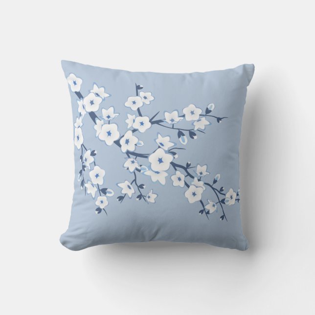 Floral Cherry Blossoms Blue White Cushion (Front)