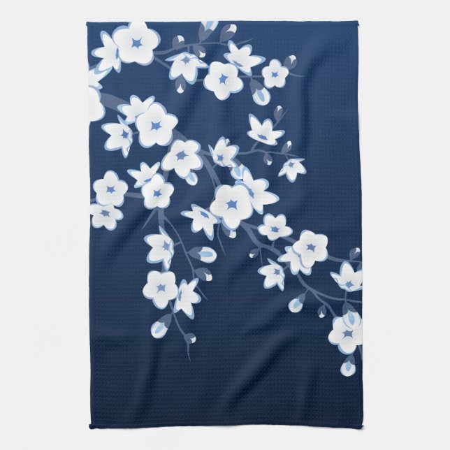Floral Cherry Blossoms Blue White Tea Towel (Vertical)
