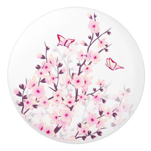 Floral Cherry Blossoms Butterflies Pink White Ceramic Knob