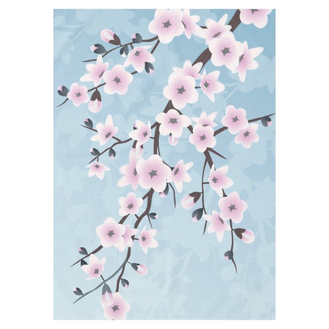 Floral Cherry Blossoms Dusty Pink Pale Blue Tablecloth (Front)