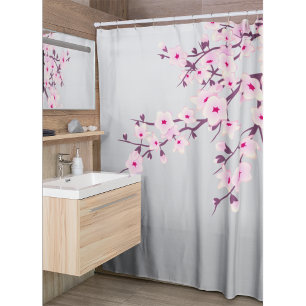 Floral Cherry Blossoms Grey Pink Shower Curtain