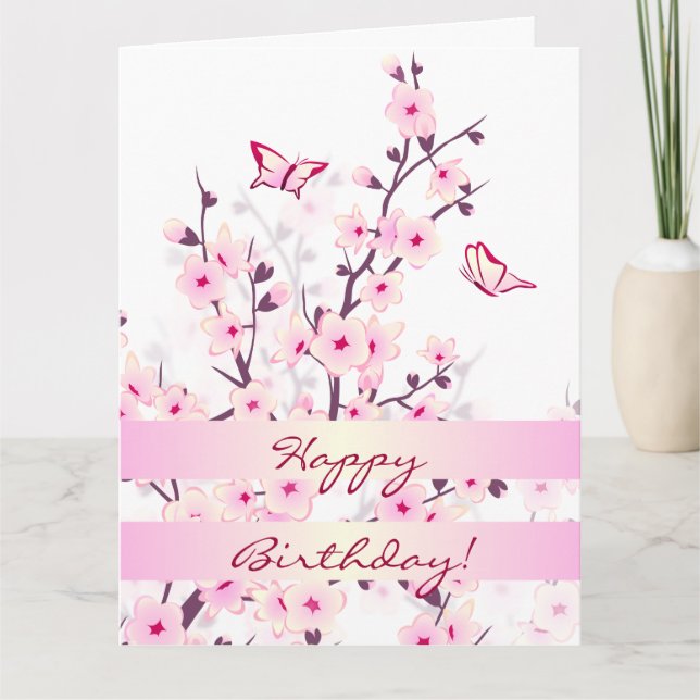 Floral Cherry Blossoms Happy Birthday Card (Front)
