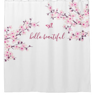 Floral Cherry Blossoms Hello Beautiful Text Shower Curtain