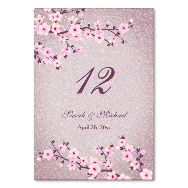 Floral Cherry Blossoms Mauve Glitter Wedding Table Number (Front)