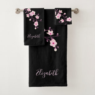 Floral Cherry Blossoms Monogram Bath Towel Set