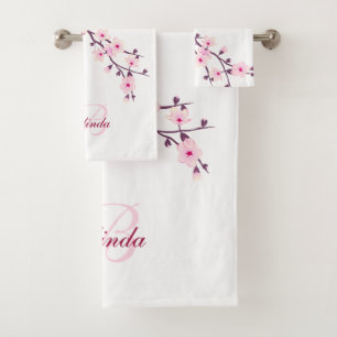 Floral Cherry Blossoms Monogram Pink White Bath To Towel Set