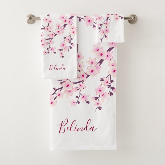 Floral Cherry Blossoms Monogram Pink White Bath Towel Set (Insitu)