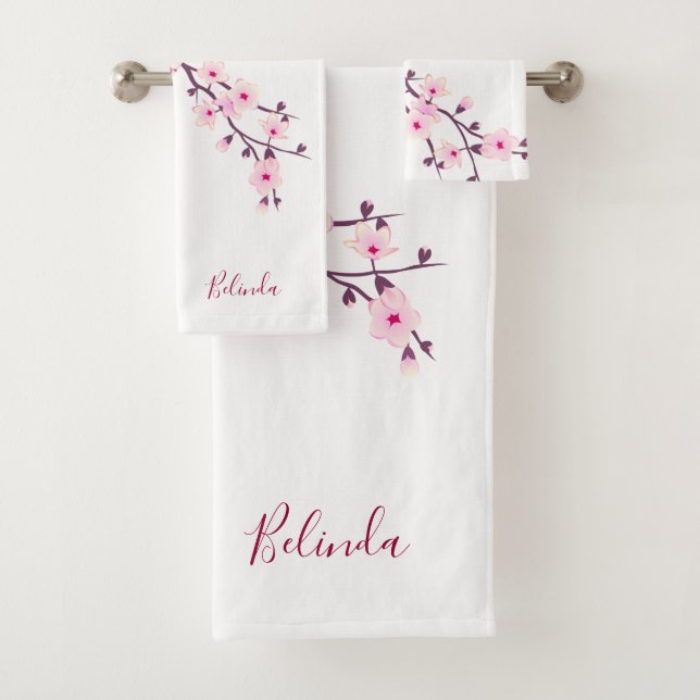 Floral Cherry Blossoms Monogram Pink White Bath Towel Set (Insitu)