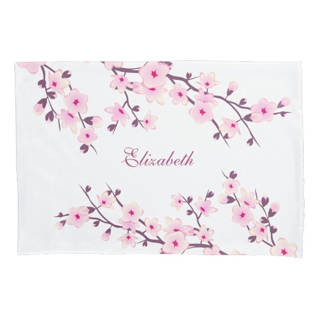 Floral Cherry Blossoms Monogram Pink White Pillow  Pillowcase (Front)