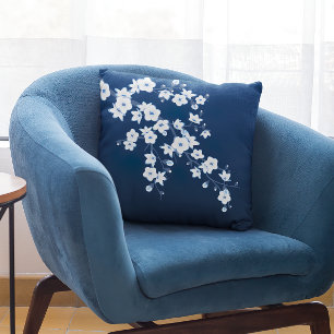Floral Cherry Blossoms Navy Blue White Cushion