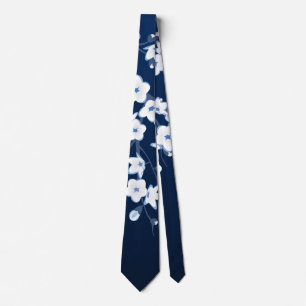 Floral Cherry Blossoms Navy Blue White Tie