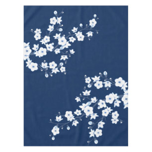 Floral Cherry Blossoms Navy White Classic Tablecloth