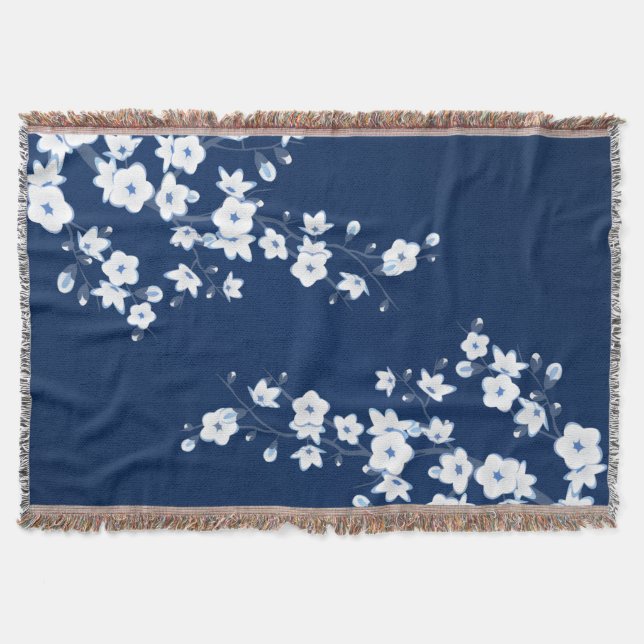 Floral Cherry Blossoms Navy White Classic Throw Blanket (Front)