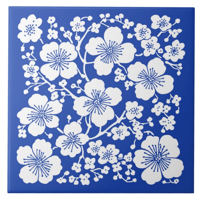 Floral Cherry Blossoms Pattern Blue Tile (Front)