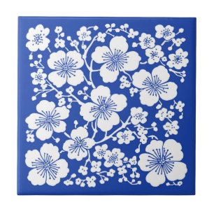 Floral Cherry Blossoms Pattern Blue Tile
