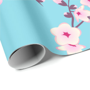 Floral Cherry Blossoms Pattern Pink Sky Blue Wrapping Paper