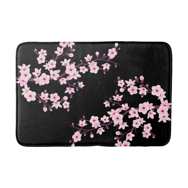 Floral Cherry Blossoms PINK Black Bath Mat (Front)