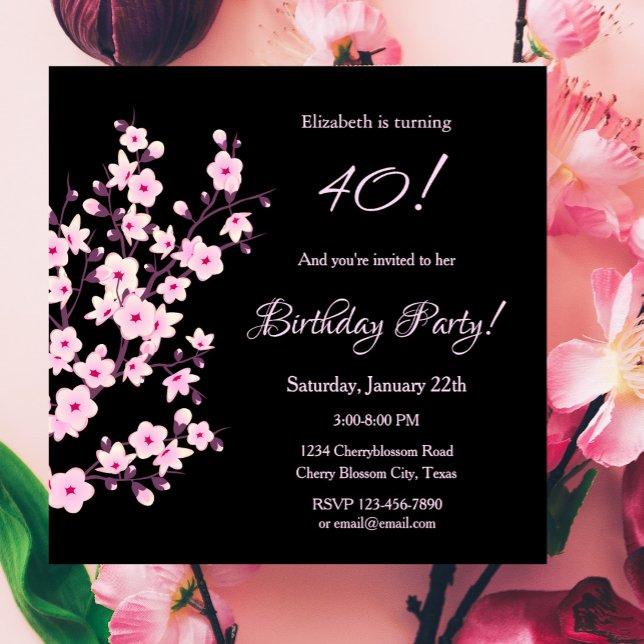Floral Cherry Blossoms Pink Black Birthday Invitation (Creator Uploaded)