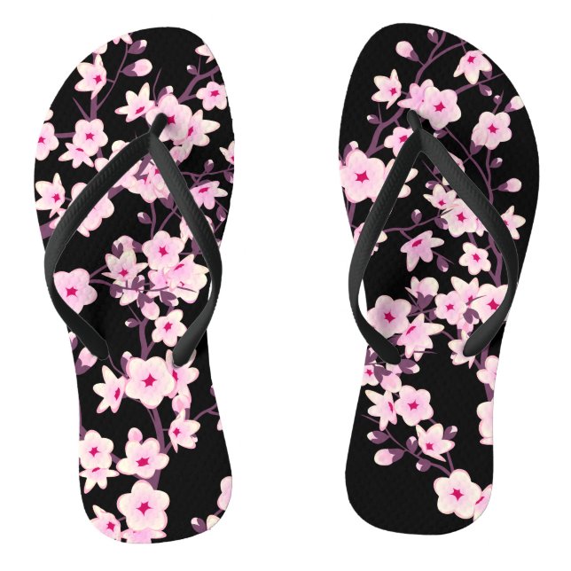 Floral Cherry Blossoms Pink Black Jandals (Footbed)