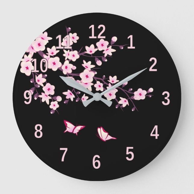 Floral Cherry Blossoms Pink Black Large Clock (Front)