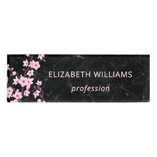 Floral Cherry Blossoms Pink Black Marble Name Tag