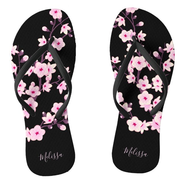Floral Cherry Blossoms Pink Black Monogram Jandals (Footbed)