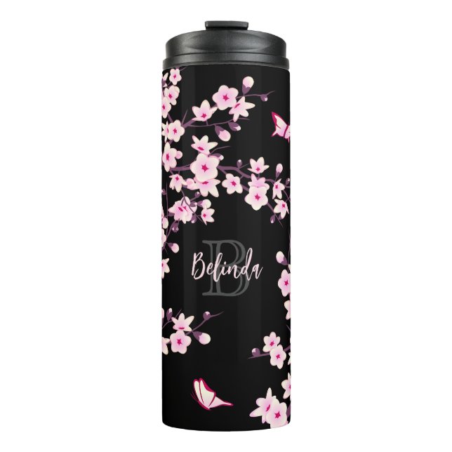 Floral Cherry Blossoms Pink Black Name Monogram   Thermal Tumbler (Front)