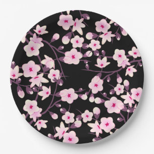 Floral Cherry Blossoms Pink Black Paper Plate