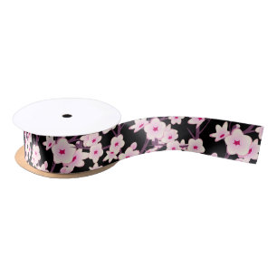 Floral Cherry Blossoms Pink Black Satin Ribbon