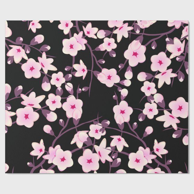 Floral Cherry Blossoms Pink Black Wrapping Paper (Flat)