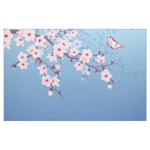 Floral Cherry Blossoms Pink Blue Fabric