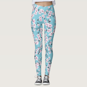 Floral Cherry Blossoms Pink Blue Leggings