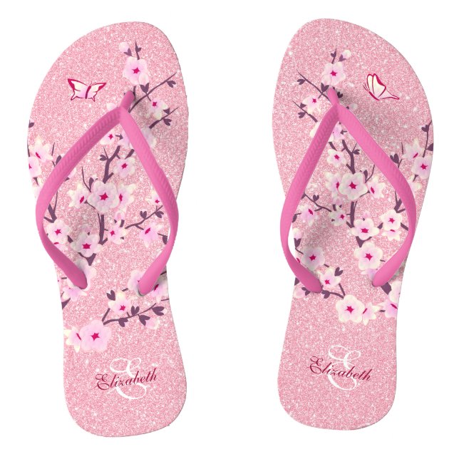 Floral Cherry Blossoms Pink Glitter Name Monogram Jandals (Footbed)