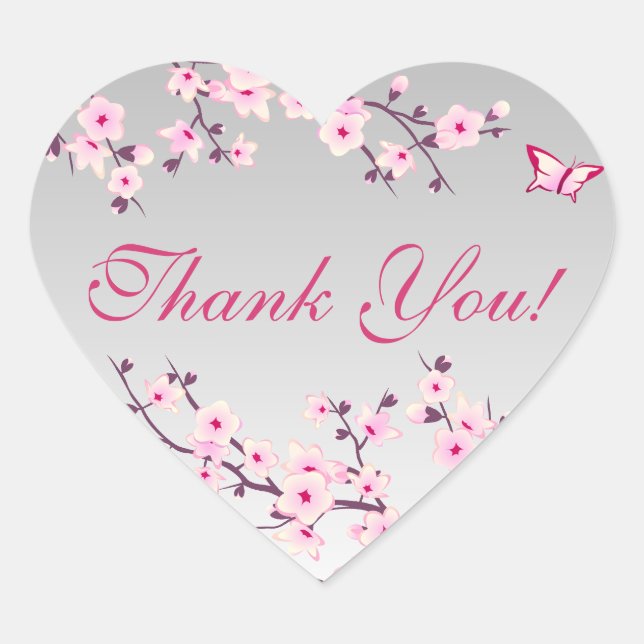 Floral Cherry Blossoms Pink Grey Baby Shower Heart Sticker (Front)