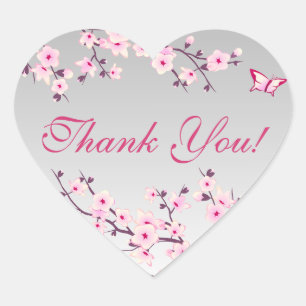 Floral Cherry Blossoms Pink Grey Baby Shower Heart Sticker