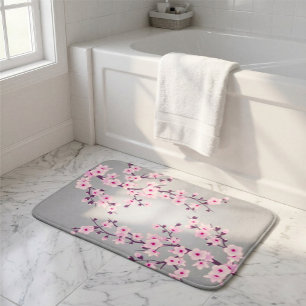 Floral Cherry Blossoms Pink Grey Bath Mat