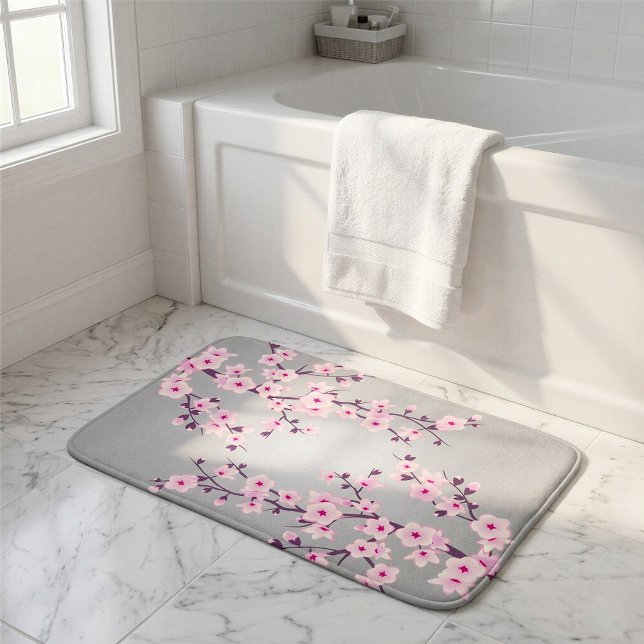Floral Cherry Blossoms Pink Grey Bath Mat (Creator Uploaded)
