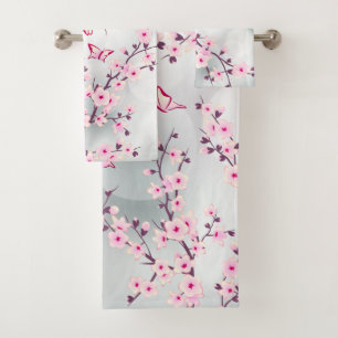Floral Cherry Blossoms Pink Grey Bath Towel Set