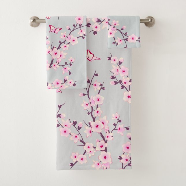 Floral Cherry Blossoms Pink Grey Bath Towel Set (Insitu)
