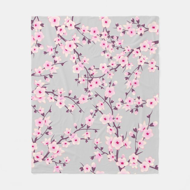 Floral Cherry Blossoms Pink Grey Fleece Blanket (Front)