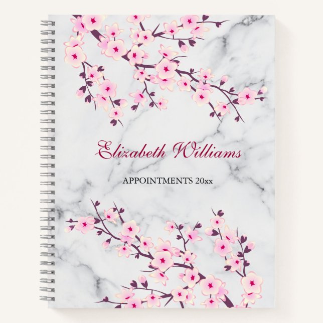 Floral Cherry Blossoms Pink Grey Marble Add Name Notebook (Front)