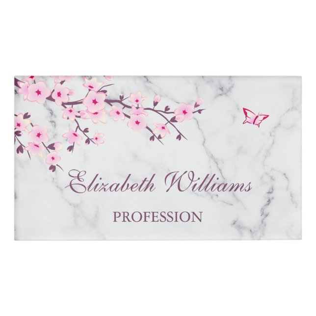 Floral Cherry Blossoms Pink Grey Marble  Name Tag (Front)