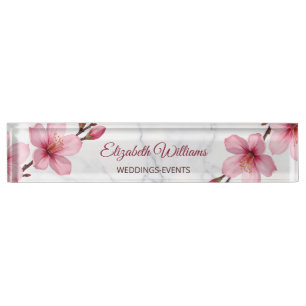Floral Cherry Blossoms Pink Grey Marble Nameplate