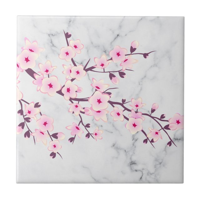 Floral Cherry Blossoms Pink Grey Marble Tile (Front)
