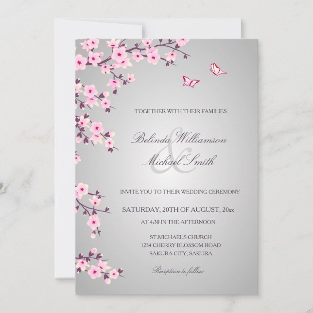 Floral Cherry Blossoms Pink Grey Wedding Invitation (Front)