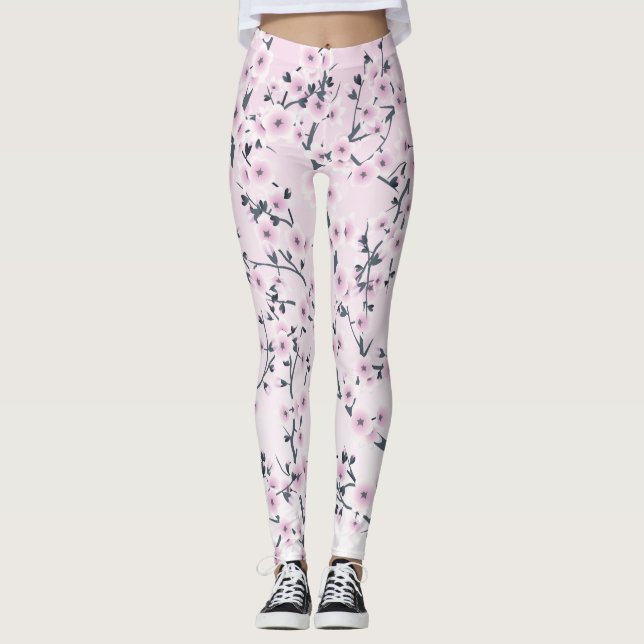Floral Cherry Blossoms Pink Leggings (Front)