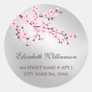 Floral Cherry Blossoms Pink Silver Classic Round Sticker