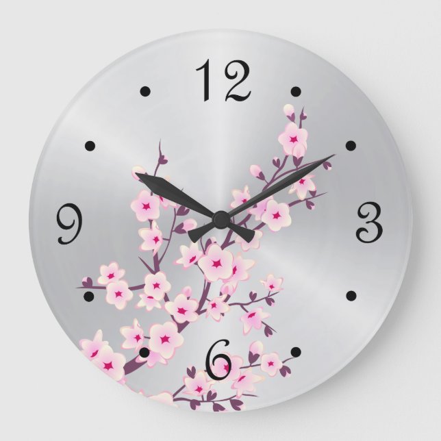 Floral Cherry Blossoms Pink Silver Large Clock (Front)