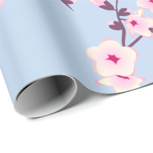 Floral Cherry Blossoms Pink Sky Blue Wrapping Paper